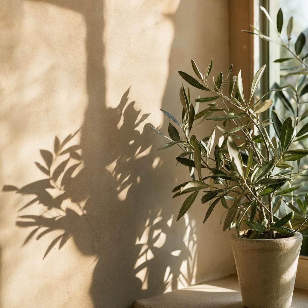 Olive leaves throwing quiet shadows on a sunlit plaster wall.
